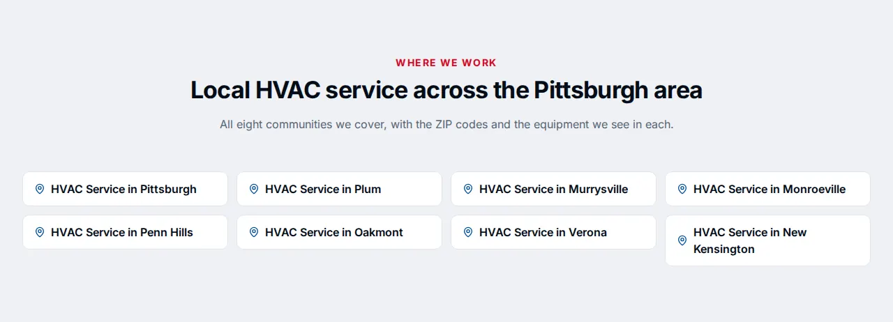 Section headed “Local HVAC service across the Pittsburgh area” listing eight community pages