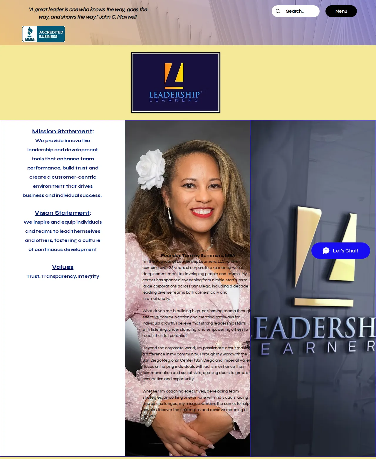 Tammy’s old Wix homepage: a John Maxwell quote, the Leadership Learners logo, a mission statement and a bio printed over her photo