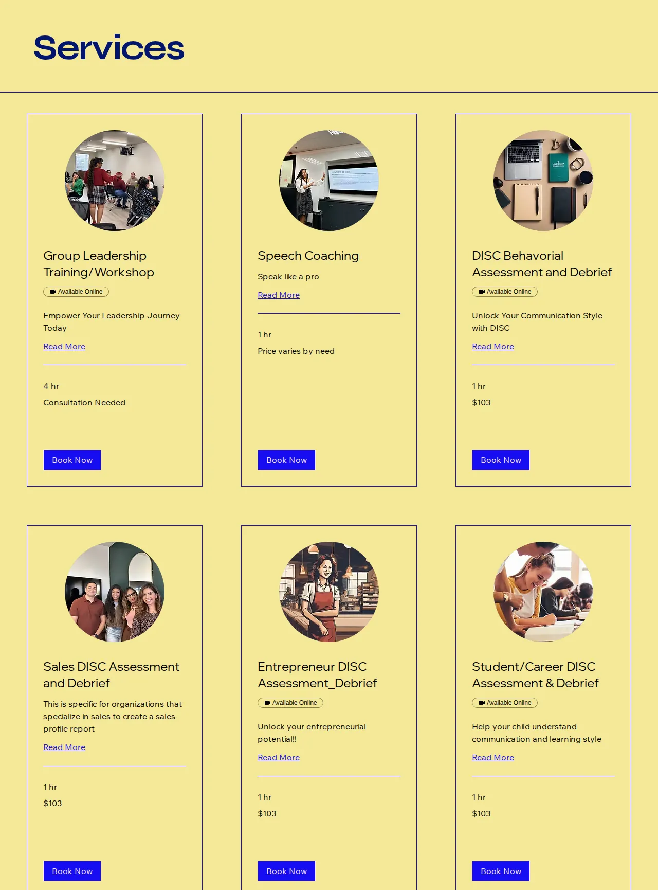 Tammy’s old services page: a grid of service cards, most of them DISC assessments, each with a Book Now button