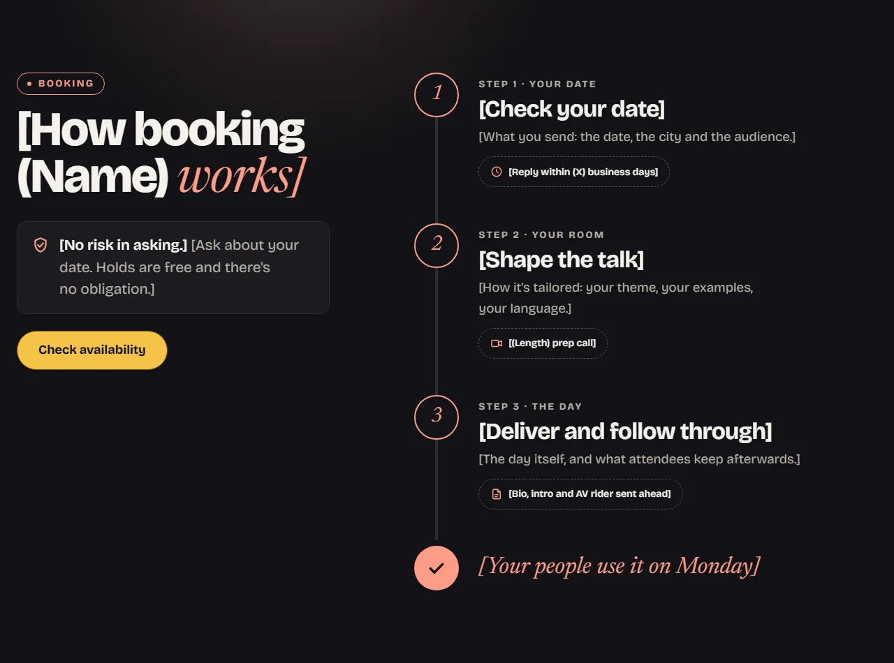 Booking section headed “How booking works,” with three numbered steps: check your date, shape the talk, deliver and follow through