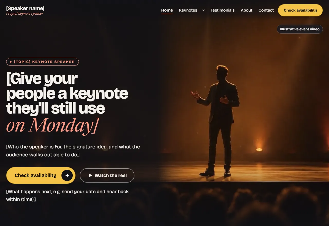 Template homepage header: “Give your people a keynote they’ll still use on Monday,” with Check availability and Watch the reel buttons beside a speaker on stage