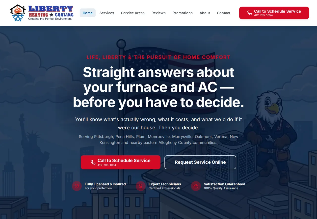 Liberty homepage header: “Straight answers about your furnace and AC — before you have to decide,” with Call to Schedule Service and Request Service Online buttons