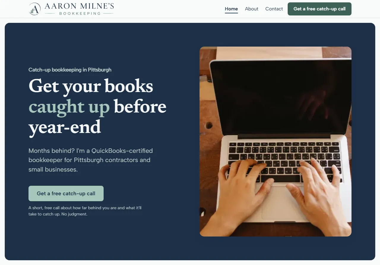 Aaron Milne’s Bookkeeping homepage header: “Get your books caught up before year-end,” with a Get a free catch-up call button