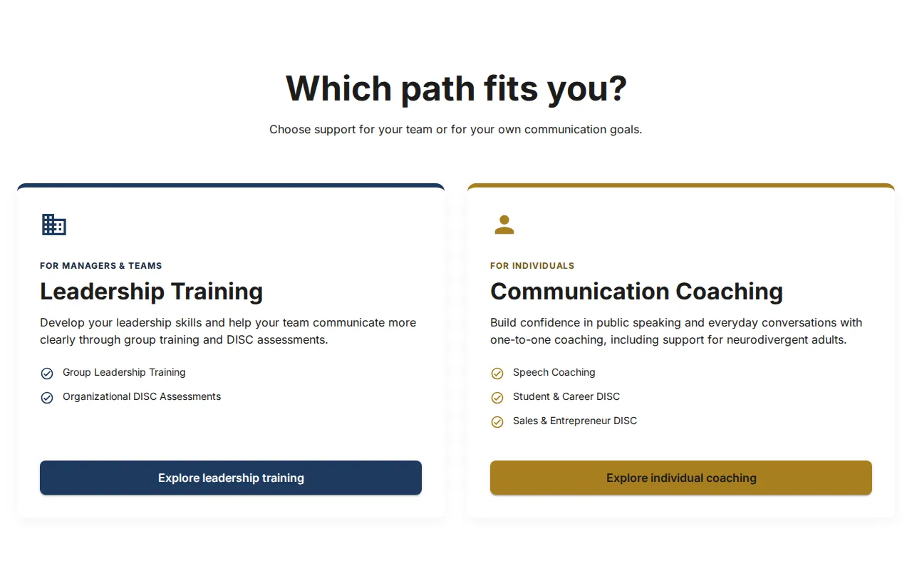 Section headed “Which path fits you?” with two cards: Leadership Training for managers and teams, and Communication Coaching for individuals
