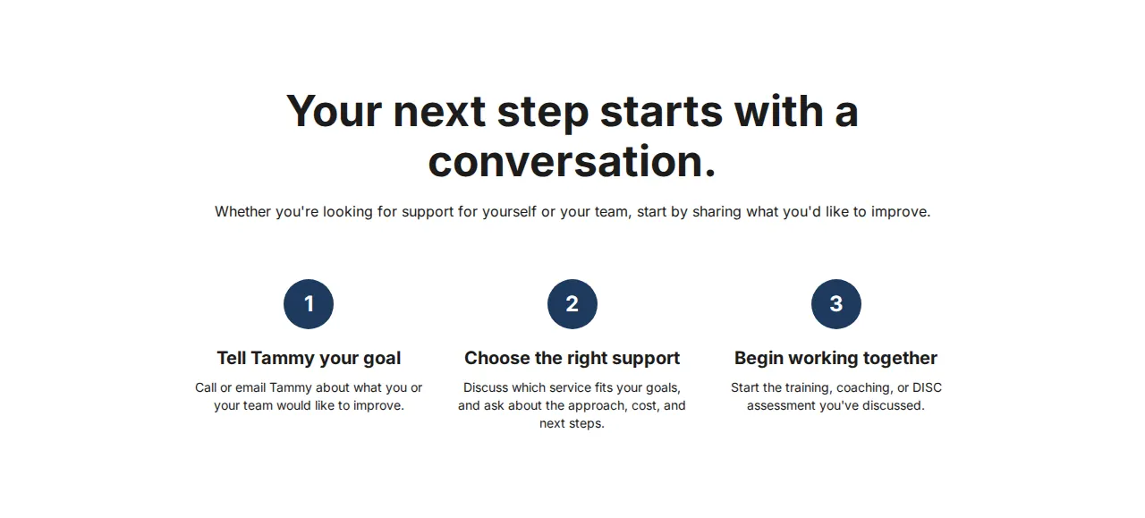 Section headed “Your next step starts with a conversation,” with three numbered steps