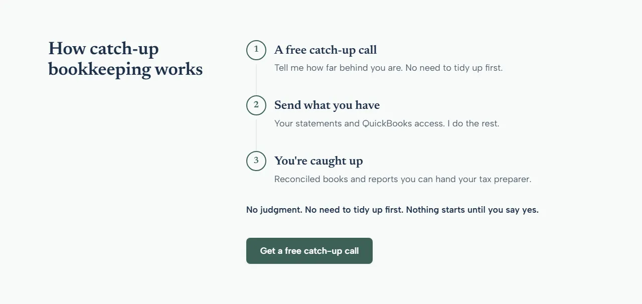 Section headed “How catch-up bookkeeping works,” with three numbered steps and a Get a free catch-up call button