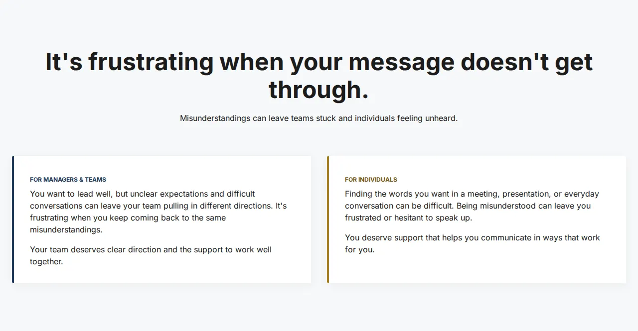 Section headed “It’s frustrating when your message doesn’t get through,” with one column for managers and teams and one for individuals