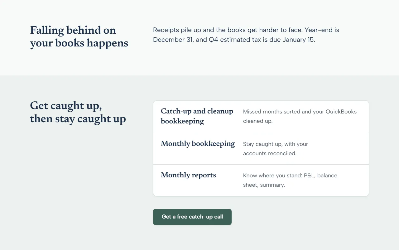 Section headed “Falling behind on your books happens,” above three services: catch-up and cleanup bookkeeping, monthly bookkeeping and monthly reports