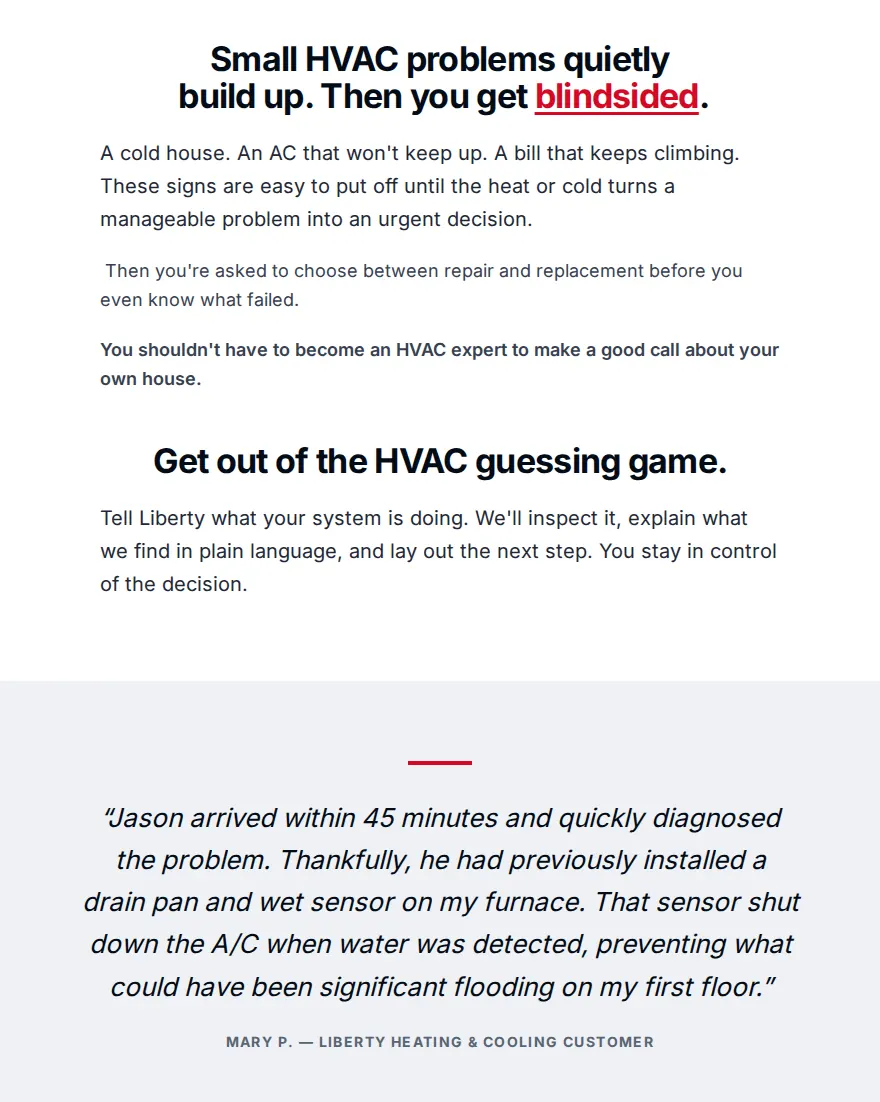 Section headed “Small HVAC problems quietly build up. Then you get blindsided,” followed by a customer review from Mary P. about a wet sensor that prevented flooding