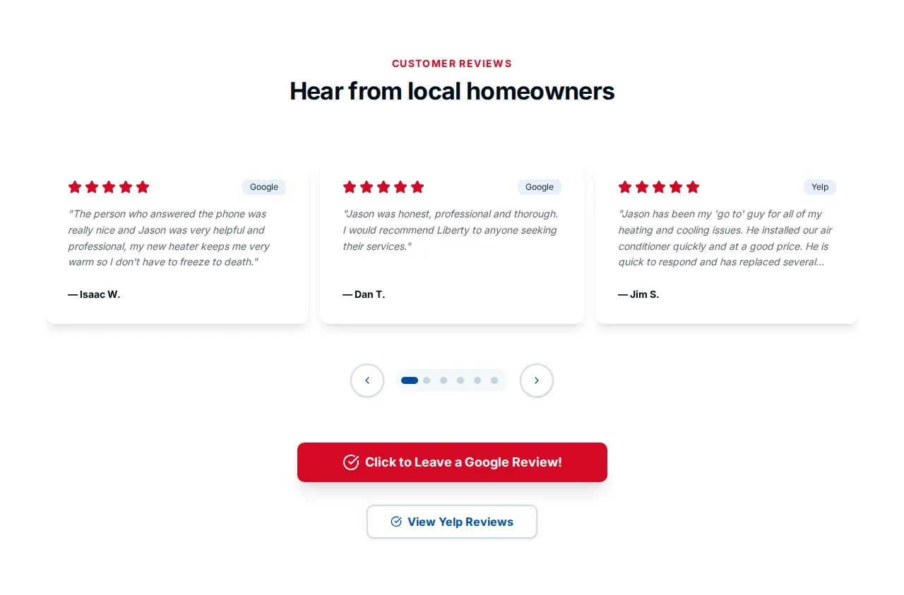 Customer reviews section headed “Hear from local homeowners,” with five-star reviews and a Leave a Google Review button