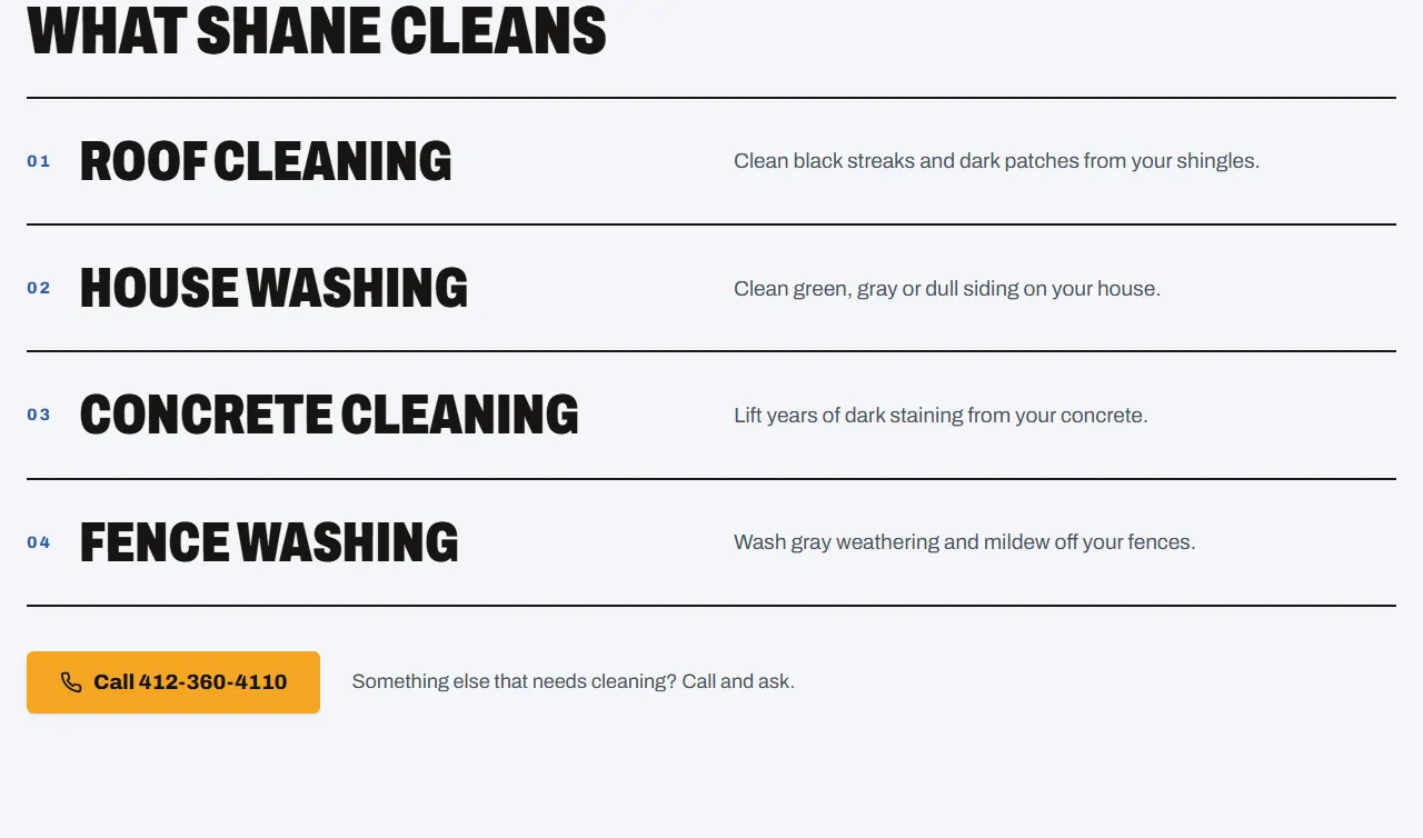 Services section: roof cleaning, house washing, concrete cleaning and fence washing