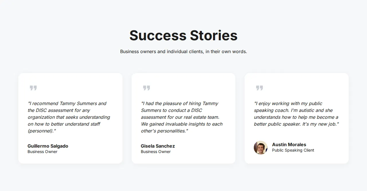 Success Stories section with three client quotes